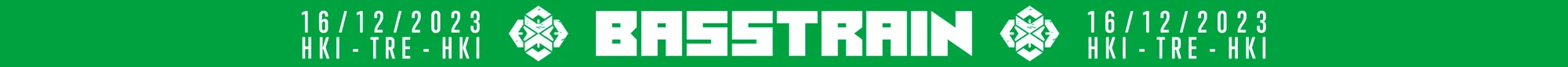 Bass Train wristband: white blocky logotype and route text on green